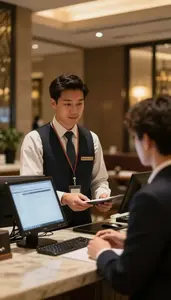 Concierge Checking In A Guest At A Luxury Hotel Front Desk In Professional