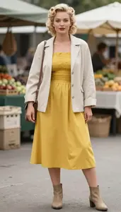 Confident Woman 1950s Pin Curls In Mustard Yellow Batiste Dress Fashion Stock