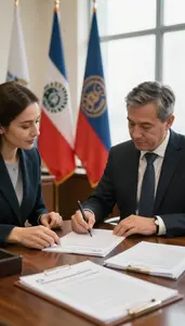 Consul Issuing A Consular Document In A Diplomatic Negotiation Room In