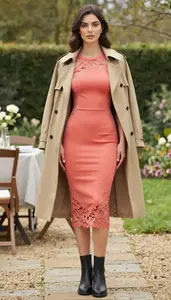 Coral Fitted Midi Dress For Women Fashion Stock Photo