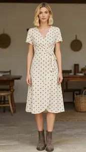 Cream Polka Dot Midi For Women Fashion Stock Photo