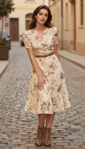 Editorial Vintage Print Dress Woman In Early 30s Woman Fashion