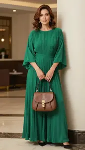 Emerald Green Sunburst Pleated Gown Chic Woman Fashion