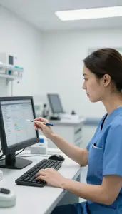 Emergency Room Nurse Prescribing Medication At A In A Emergency Room Trauma Bay