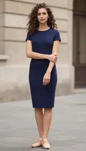 European Woman Woman In Late 20s In Navy Blue Fit And Flare Tea Dress Fashion