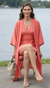 European Woman Woman In Late 30s In Coral Lightweight Summer Dress Fashion Stock