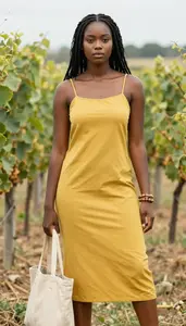 European Woman Young Woman In 20s In Mustard Yellow Camisole Dress Fashion Stock