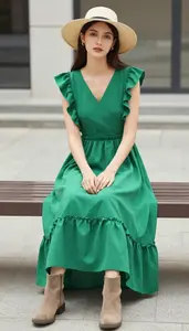 Fabulous Western European Woman Woman In Ruffle Maxi Dress