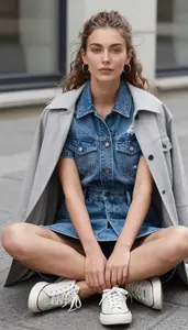 Fabulous Woman In Distressed Denim Dress Stock Photo