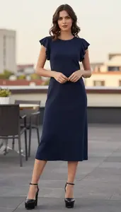 Fabulous Woman In Late 20s Woman In Flutter Sleeve Casual Dress