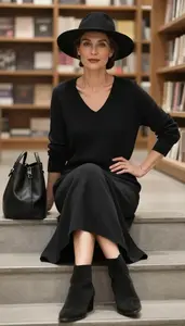 Fashion Forward Black V Neck Sweater Dress Stock Photo