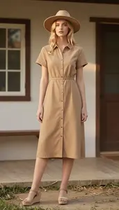 Fashion Forward Camel Button Front Casual Dress Stock Photo