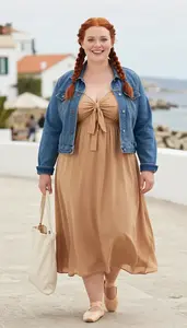 Fashion Forward Camel Flowy Peasant Dress Stock Photo