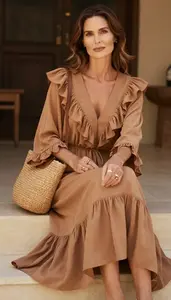 Fashion Forward Camel Free Spirited Dress Stock Photo