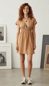 Fashion Forward Camel V Neck Casual Dress Stock Photo