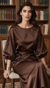 Fashion Forward Chocolate Brown Satin Maxi Dress Stock Photo