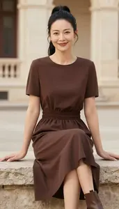 Fashion Forward Chocolate Brown Drape Front Dress Stock Photo