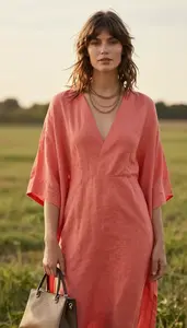 Fashion Forward Coral Linen Dress Stock Photo