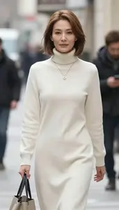 Fashion Forward Cream Turtleneck Dress Stock Photo