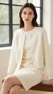Fashion Forward Cream Knee Length Dress Stock Photo