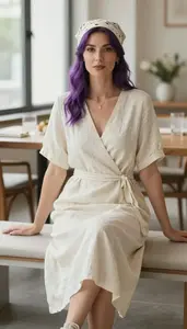 Fashion Forward Cream Linen Wrap Dress Stock Photo