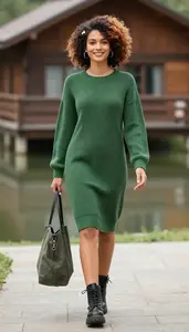 Fashion Forward Forest Green Chunky Knit Dress Stock Photo