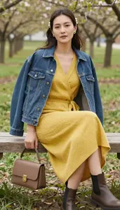 Fashion Forward Mustard Yellow Modest Wrap Dress Stock Photo
