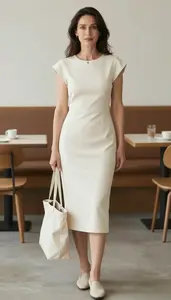 Fashionable Woman In Flutter Sleeve Casual Dress Stock Photo