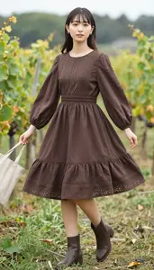 Glamorous Woman In Early 20s Woman In Bishop Sleeve Casual Dress