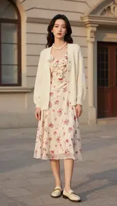 Lookbook Style Rose Print Dress Woman In Early 30s Modern Woman
