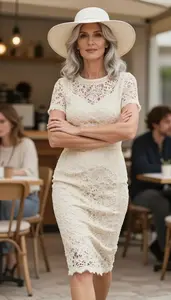 Mature Woman Poised Woman In Cream Lace Cocktail Dress