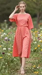Maximalist Style Polka Dot Tea Length Dress Fashion Stock Photo