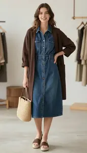 Minimalist Aesthetic Chocolate Brown Denim Shirtwaist Dress Fashion