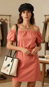 Modern Woman In Off Shoulder Casual Dress Stock Photo