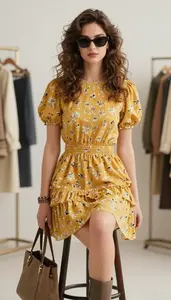 Mustard Yellow Casual Print Dress For Women Fashion Stock Photo