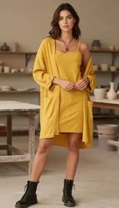 Mustard Yellow Cotton Sundress For Women Fashion Stock Photo