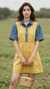 Mustard Yellow Denim Shirtwaist Dress Trendy Woman Fashion
