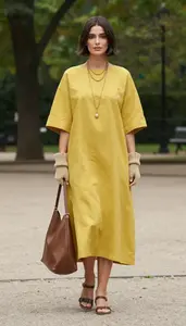 Mustard Yellow Drawstring Summer Dress For Women Fashion Stock Photo