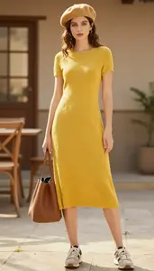 Mustard Yellow A Line Casual Dress For Women Fashion Stock Photo