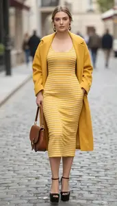 Mustard Yellow Striped Dress For Women Fashion Stock Photo