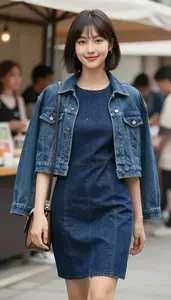 Navy Blue Beaded Denim Dress For Women Fashion Stock Photo