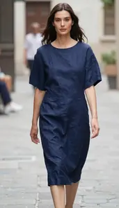 Navy Blue Casual Linen Dress For Women Fashion Stock Photo