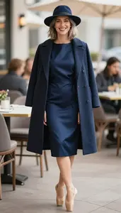 Navy Blue Satin Cocktail Dress Classy Woman Fashion