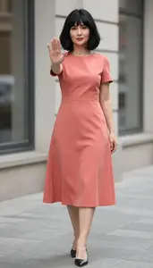 Nordic Woman Mature Woman In Coral Contemporary Dress Fashion Stock Photo