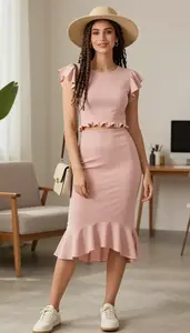Oversized Trend Blush Pink Ruffle Midi Dress Fashion