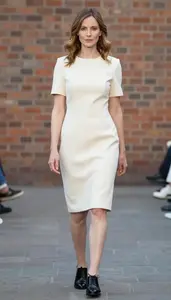 Pale Skinned Woman Woman In Late 30s In Cream Tailored Dress Fashion Stock Photo