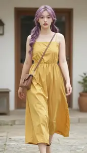 Pale Skinned Woman Young Woman In 20s In Mustard Yellow Travel Maxi Dress