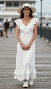 Polished Anglo Woman Woman In Ruffle Maxi Dress