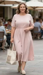 Relaxed Sophistication Blush Pink Pleated Neckline Casual Dress Fashion