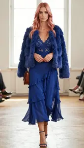 Royal Blue Chiffon Ruffle Evening Dress For Women Fashion Stock Photo